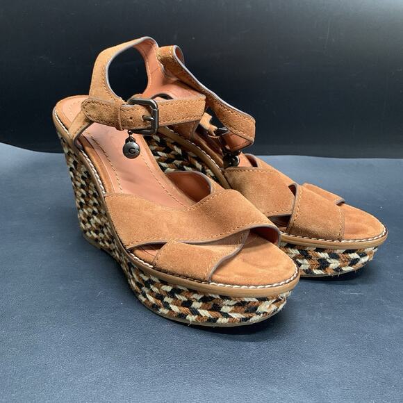 Coach Cross Band High Wedges Size 6.5B Brown Leather Suede Platform Espadrille - Picture 1 of 12